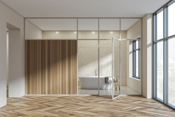 轻木制大厅内部与浴缸在封闭的房间。空墙图片下载