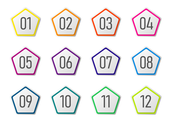 1至12个数字五角大楼图标集，可用于信息图形图片下载