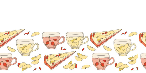 无缝向量边界与水果茶和派在白色背景。手绘。为厨房、面包店、咖啡厅和糕点店的装饰提供插图。图片下载
