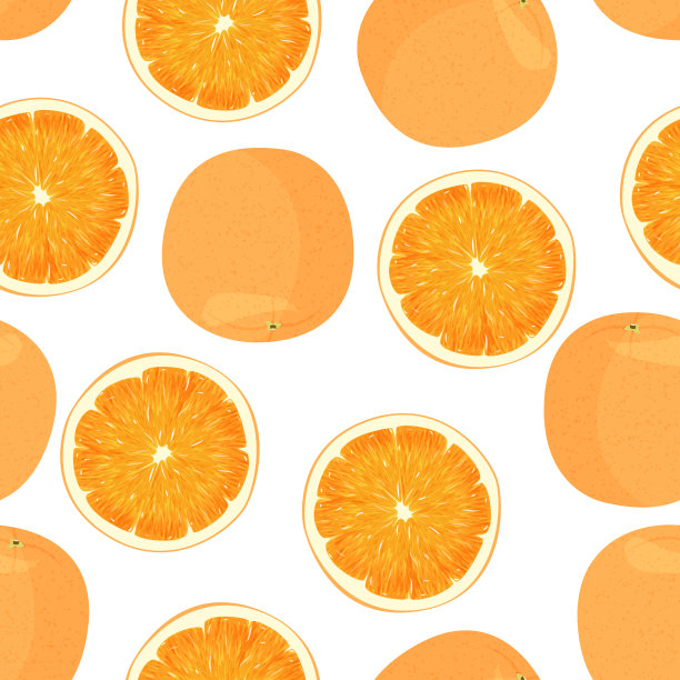 整个橙子和橘色背景片。新鲜水果无缝图案。图片下载