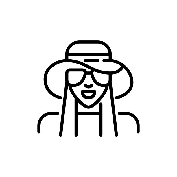 长头发的女孩戴着帽子和太阳镜。像素完美，可编辑的描边图标图片下载