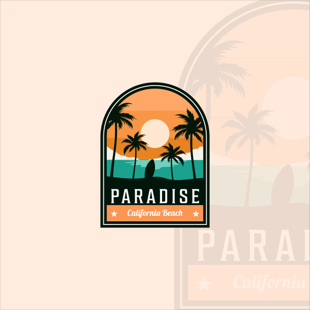 海滩或天堂徽章标志现代复古矢量插图模板图标图形设计。棕榈树或椰子树在户外与冲浪板标志或符号的旅行冒险图片下载