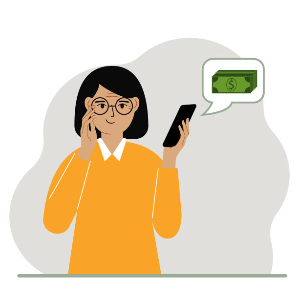 一个心满意足的女人拿着一个电话，电话里有一条关于钱的信息。在线盈利的概念，创收。图片下载