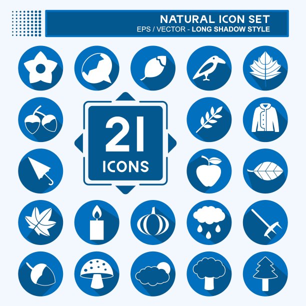 自然图标集图标在时尚的长阴影风格孤立在软蓝色背景图片下载