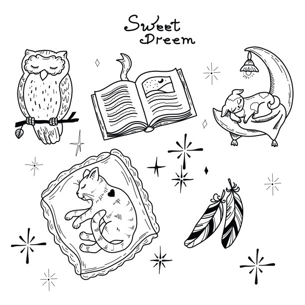 关于睡眠的主题可爱的手绘矢量插图的一组图画图片下载