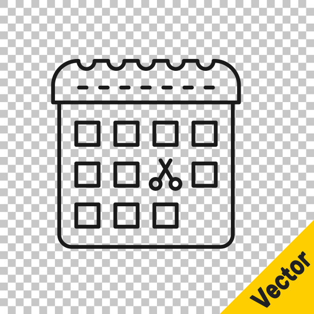 黑色线日历与理发日图标孤立在透明的背景上。发型任命的概念。向量图片下载