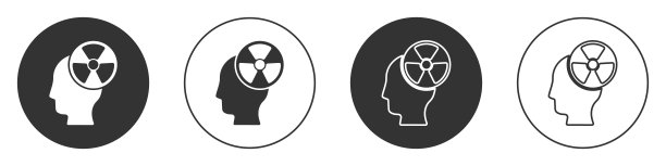 在白色背景上孤立的一个人的头部和一个辐射符号图标的黑色剪影。圆按钮。向量图片下载