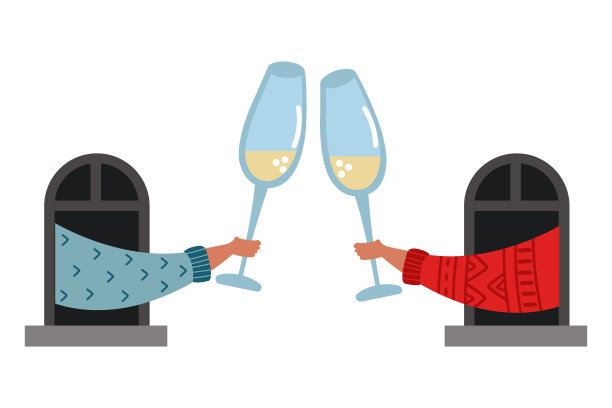 两个邻居从他们家的窗户欢呼。图片下载