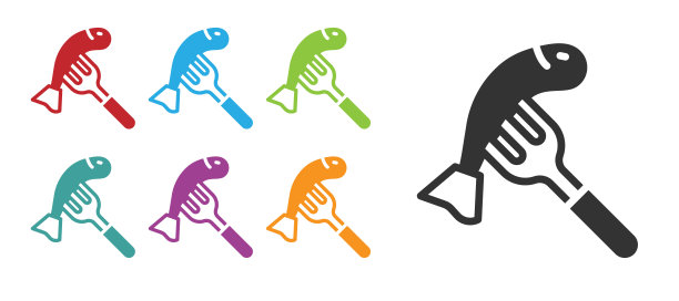 黑色服务在一个盘子图标孤立在白色背景上的鱼。设置图标丰富多彩。向量图片下载