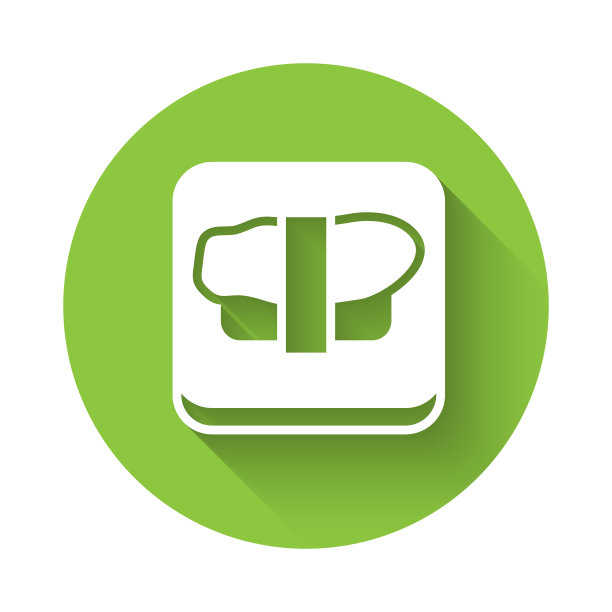 白色寿司在切菜板图标孤立与长影子。亚洲食品寿司木板。绿色圆圈按钮。向量图片下载