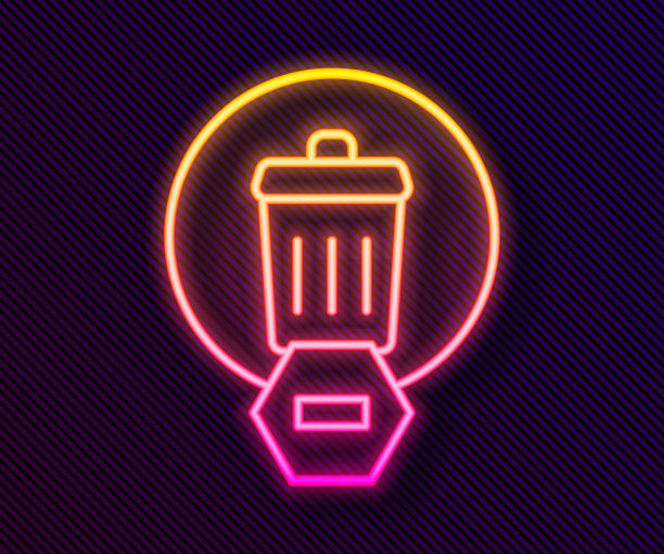 发光的霓虹灯线垃圾桶图标孤立在黑色背景。垃圾桶的迹象。回收篮图标。办公室垃圾图标。向量图片下载