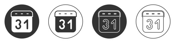 黑色日历图标孤立在白色背景上。事件提醒标志。圆按钮。向量图片下载