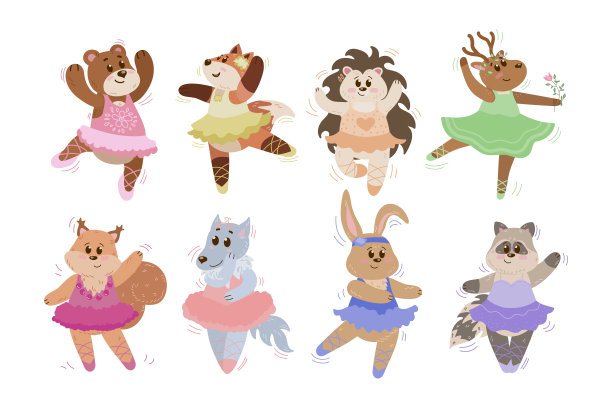可爱的动物芭蕾舞演员角色向量插图集图片下载