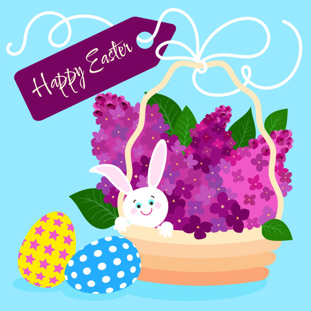 复活节贺卡，礼物篮，丁香花和兔子图片下载
