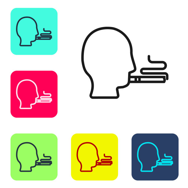 黑线男人抽香烟的图标孤立在白色背景上。烟草的迹象。设置彩色方块按钮图标。向量图片下载