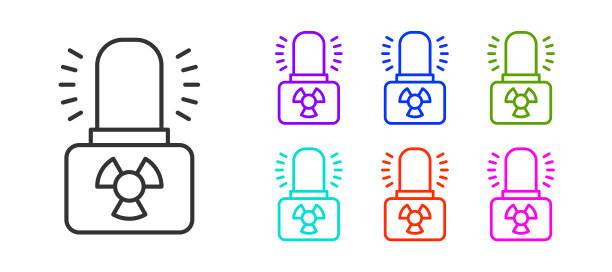 黑色线放射性警示灯图标孤立在白色背景上。设置图标丰富多彩。向量图片下载