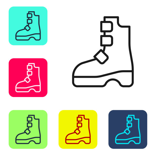 黑色线古代海盗靴子图标孤立在白色背景。过去时代的传统服装和配饰。设置彩色方块按钮图标。向量图片下载