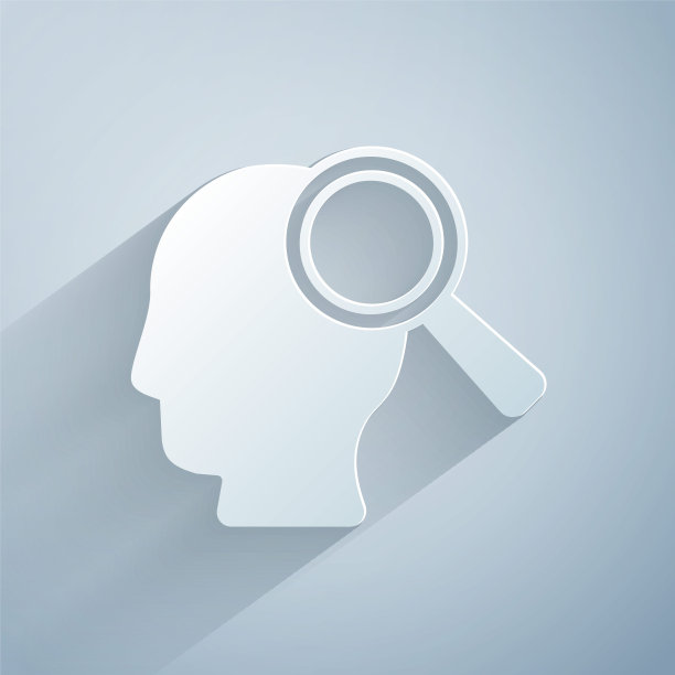 剪纸放大镜搜索一个孤立在灰色背景上的人物图标。招聘和选拔。搜索员工和工作。纸艺术风格。向量图片下载