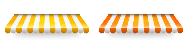 黄色商店遮阳伞孤立在白色的背景上。逼真的条纹咖啡馆遮阳篷。户外帐篷市场。屋顶树冠。夏季街头商店。矢量图图片下载