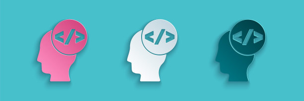 剪纸网页设计和前端开发图标孤立在蓝色背景。纸艺术风格。向量图片下载