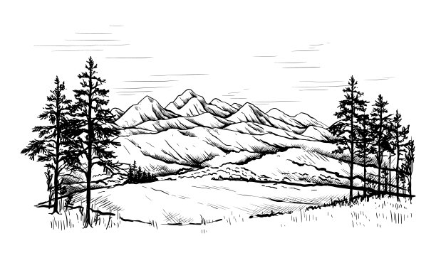 山的风景。手绘草图与森林和岩石山脊。黑白风景。高地全景。天空的地平线。风景秀丽的山丘和悬崖峭壁。向量自然户外背景图片下载