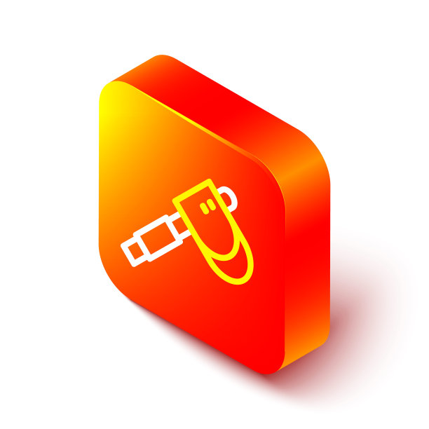 等距线木斧图标孤立在白色背景上。伐木工人斧头。橙色平方按钮。向量图片下载