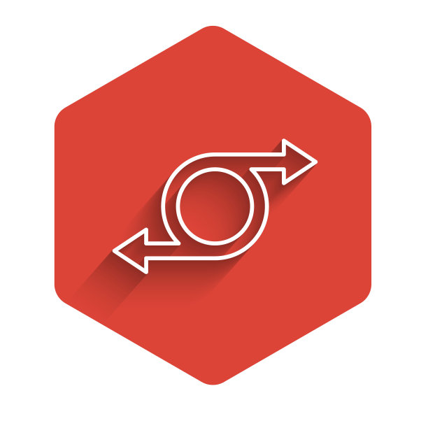 白线箭头图标孤立与长阴影背景。方向箭头符号。导航指针的迹象。红色的六角按钮。向量图片下载