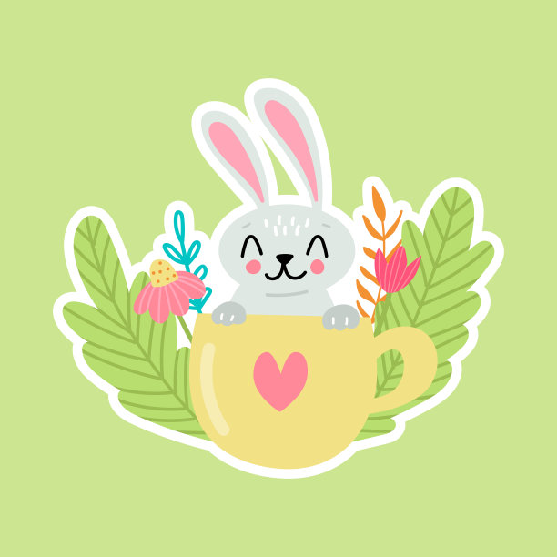 可爱的复活节兔子贴纸在杯子与鲜花和香草。矢量插图孤立在绿色上图片下载