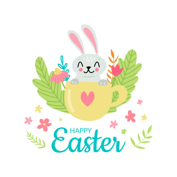 可爱的复活节兔子贴纸在杯子与鲜花和香草。矢量插图孤立在绿色上图片下载