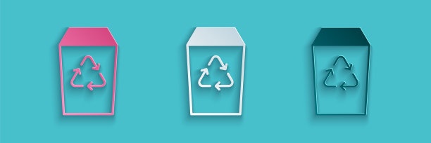 剪纸回收站与回收符号图标孤立在蓝色背景。垃圾桶图标。垃圾桶的迹象。回收篮的迹象。纸艺术风格。向量图片下载