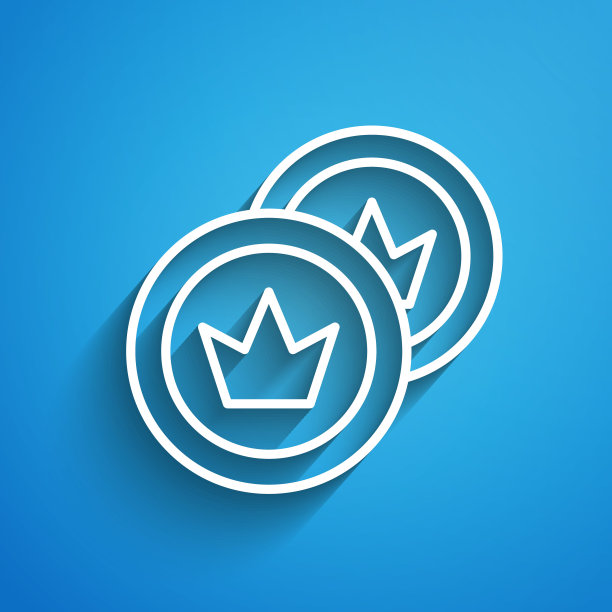 白线海盗硬币图标孤立在蓝色背景上。长长的阴影。向量图片下载