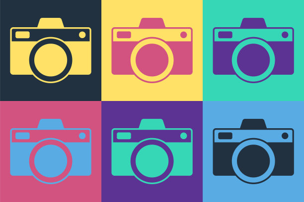 波普艺术照片相机图标孤立的颜色背景。与相机图标。向量图片下载