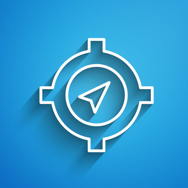 白线罗盘图标孤立在蓝色背景上。Windrose导航的象征。风向玫瑰图信号。长长的阴影。向量图片下载