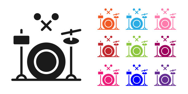 黑色鼓图标孤立在白色背景上。音乐符号。乐器的象征。设置图标丰富多彩。向量图片下载