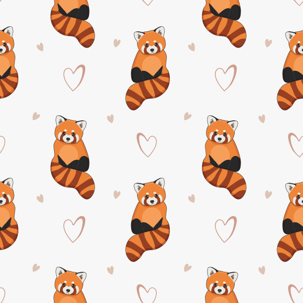 可爱的小熊猫和爱心无缝图案。卡通设计动物角色平面矢量风格。婴儿纹理为织物，包装，纺织品，墙纸，服装。图片下载