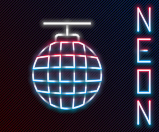发光的霓虹灯线迪斯科球图标孤立在黑色背景。色彩斑斓的轮廓的概念。向量图片下载