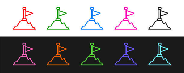 设置线山与旗帜在顶部图标孤立在黑白背景上。象征胜利或成功的概念。目标的成就。向量图片下载