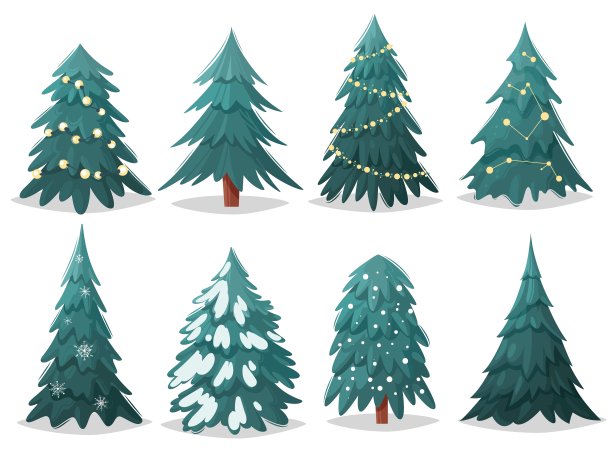圣诞树卡通套装。圣诞树的收藏。卡通平的风格。节日花环，雪花和灯泡。矢量图图片下载