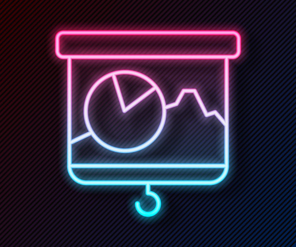 发光霓虹灯线展示板与图形，时间表，图表，图表，信息图，饼图图标孤立在黑色背景。向量图片下载