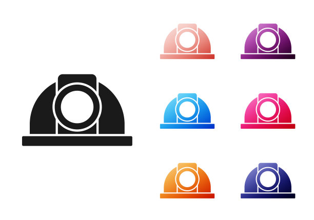 黑色工人安全帽图标孤立在白色背景上。设置图标丰富多彩。向量图片下载