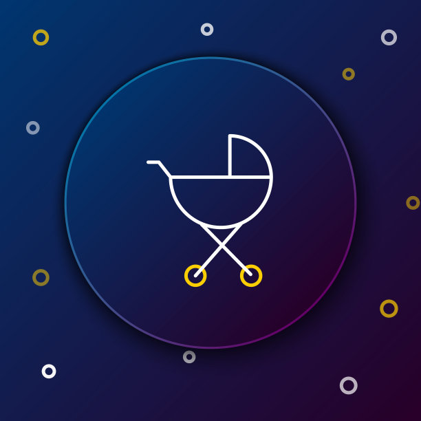 线婴儿推车图标孤立在蓝色背景。童车，童车，婴儿车，手推车，轮子。色彩斑斓的轮廓的概念。向量图片下载