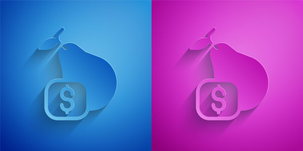 剪纸价格标签梨图标孤立在蓝色和紫色的背景。纸艺术风格。向量图片下载