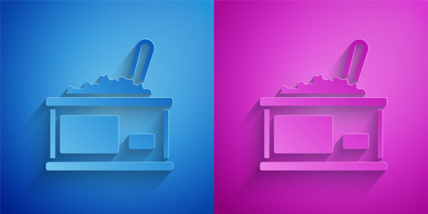 剪纸锡罐头与鱼子酱图标孤立在蓝色和紫色的背景。纸艺术风格。向量图片下载