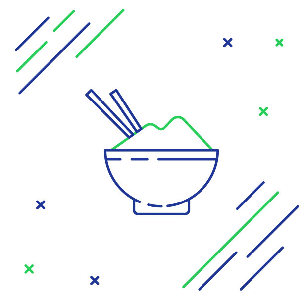 在白色的背景上，用筷子把米饭放在碗里。传统的亚洲食品。色彩斑斓的轮廓的概念。向量图片下载