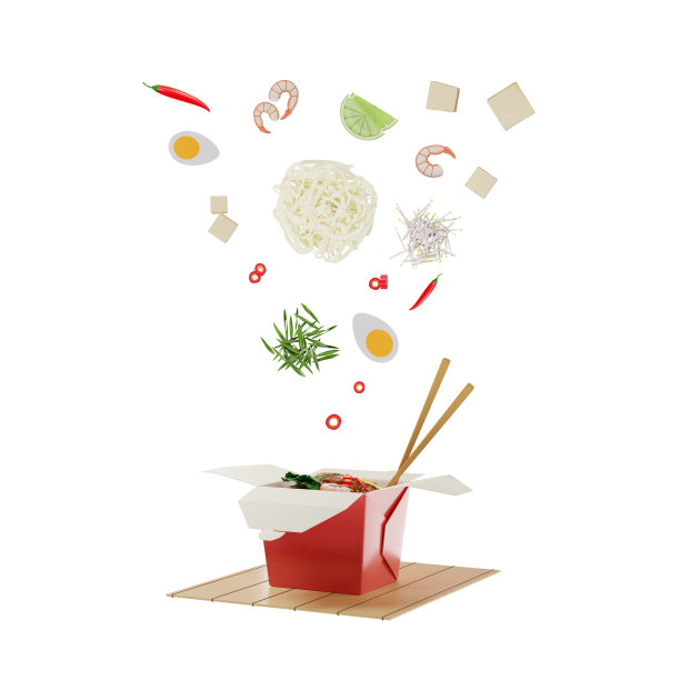 泰式炒面盒与掉落的材料在白色背景，3d插图图片下载