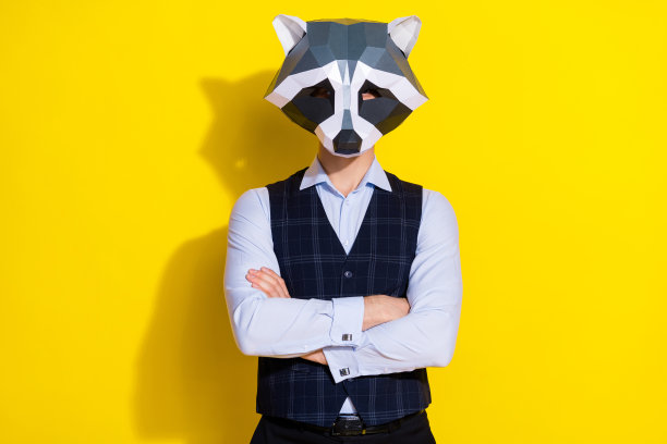 照片的首席执行官艺人交叉手戴多边形面具背心孤立黄色背景图片下载