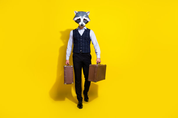 照片中古怪古怪的家伙浣熊面具拿着复古的箱子走在夏天的机场孤立在亮黄色的背景上图片下载