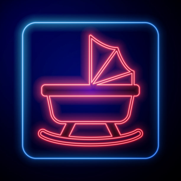 发光的霓虹灯婴儿推车图标孤立在黑色上图片下载