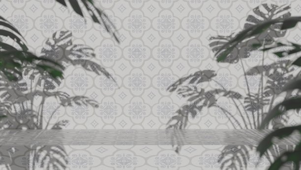 水疗产品介绍的原始模板。台座的大理石石板和树枝与绿色的叶子背景墙在浴室与砖砌体在浅米色。3 d渲染。图片下载