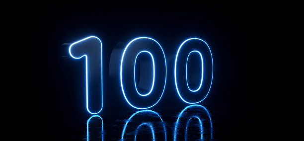 黑色100数字与未来发光的蓝色霓虹灯- 3D插图图片下载